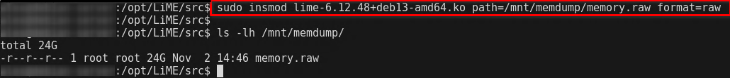 Memory dump creation using LiME