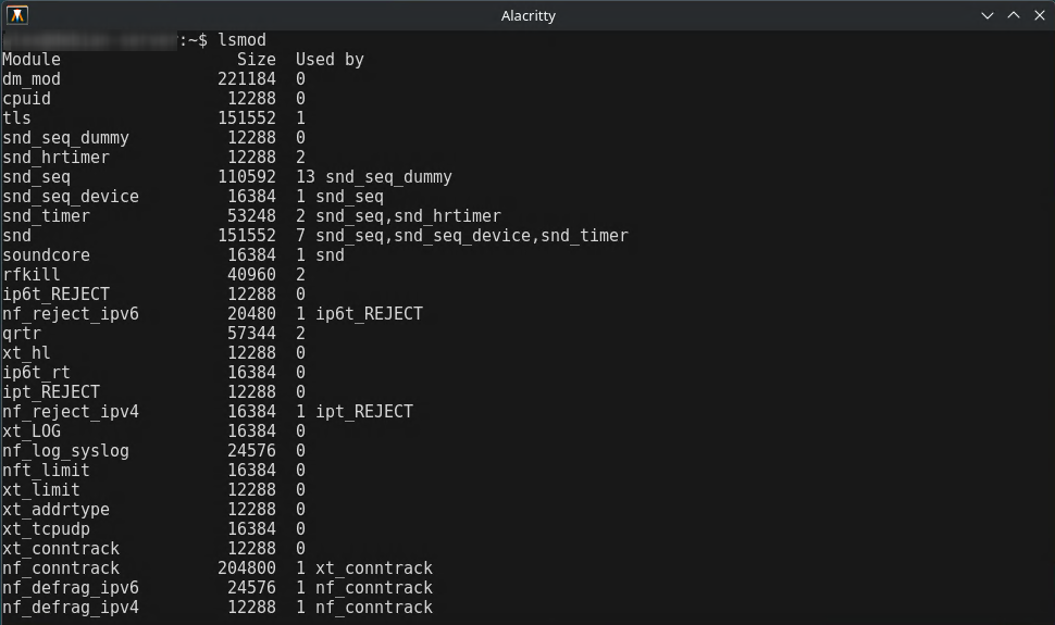 lsmod command output showing loaded kernel modules