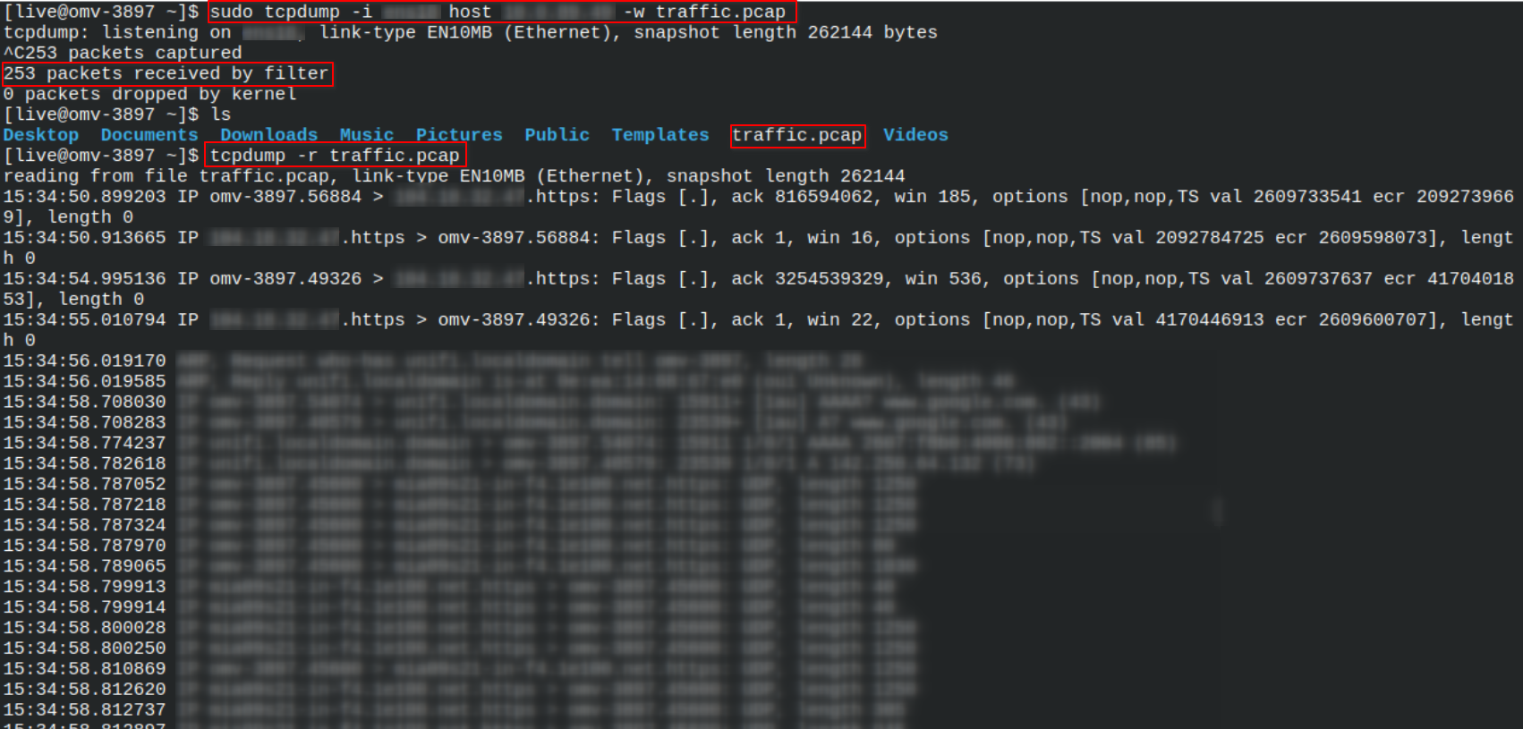 Capturing network traffic on the local system for a suspicious connection to a remote host.