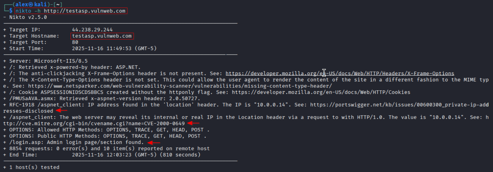 Nikto basic scan output