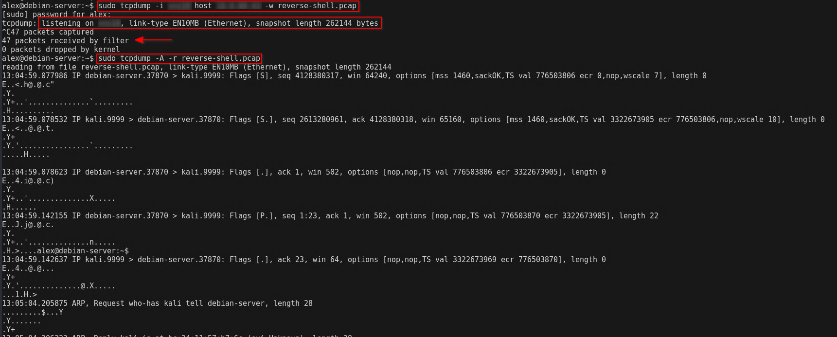 tcpdump capturing suspicious reverse shell traffic