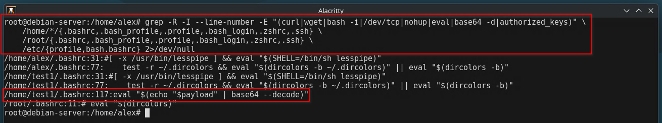 Suspicious base64 exec identified in .bashrc.