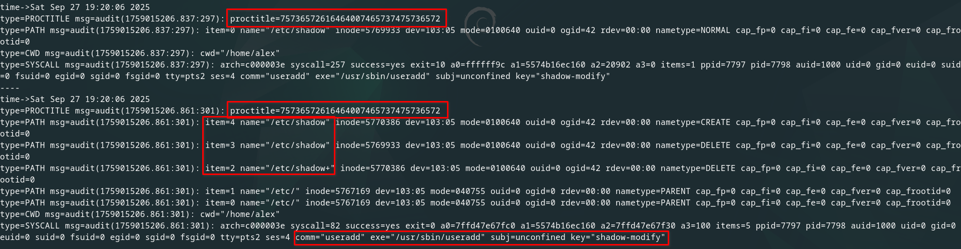 Audit log for shadow file modification