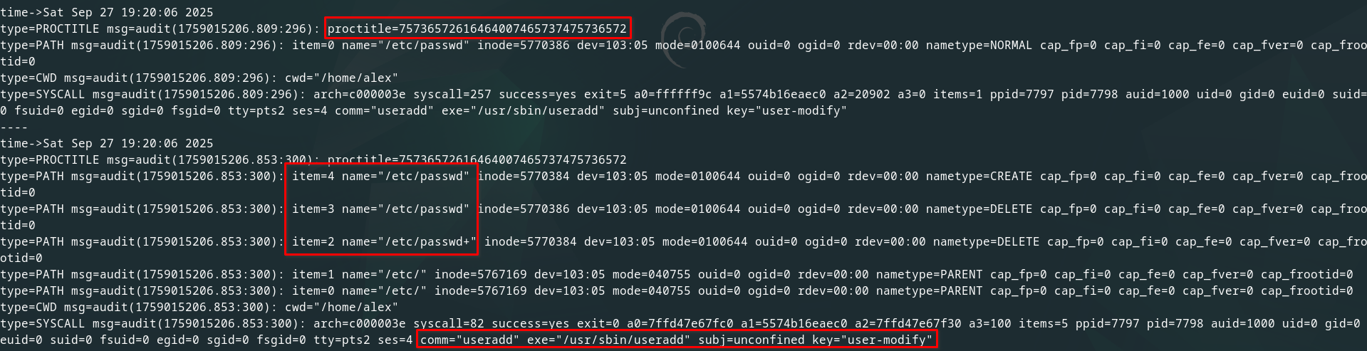 Audit log for useradd command